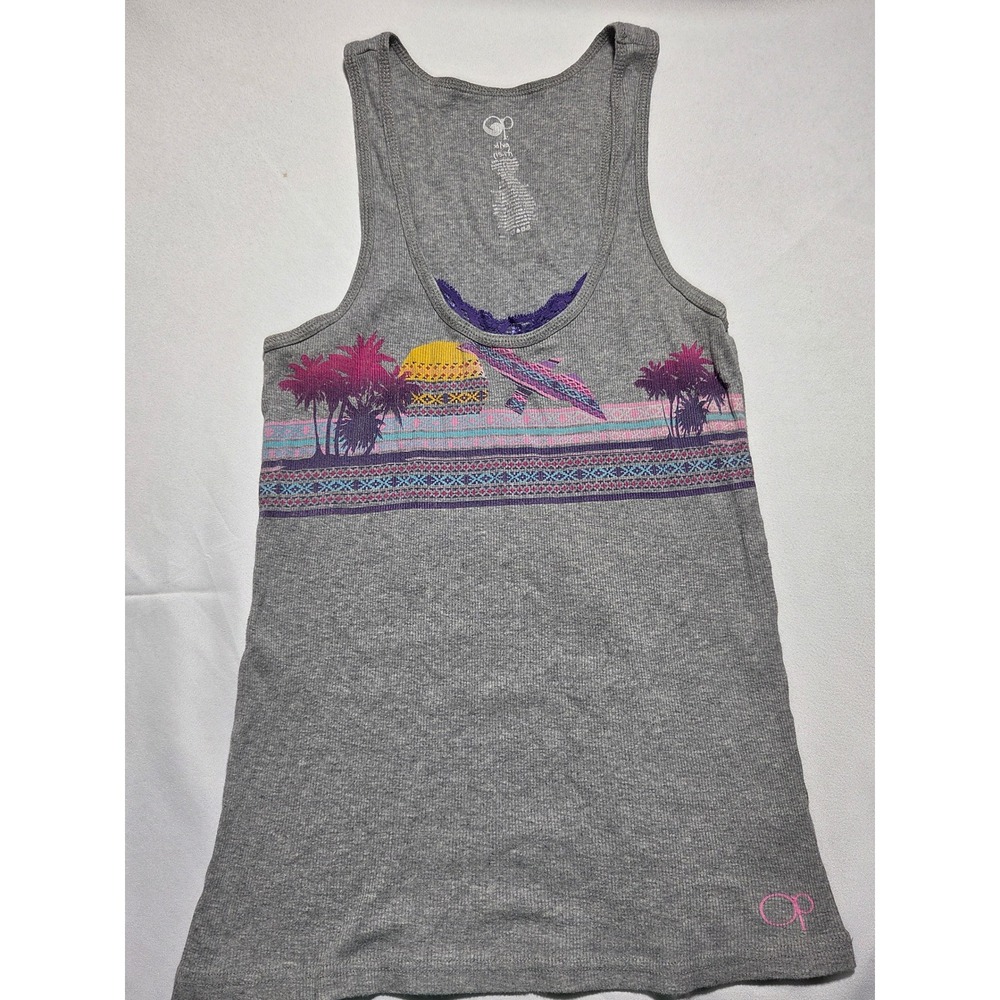 Ocean‎ Pacific OP Gray Ribbed Tank Top Tropical Palm Tree Graphic Lace Trim XL